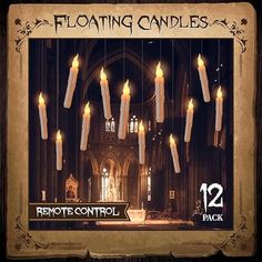 candles floating from the ceiling in front of an old church with text reading floating candles remote control 12 pack