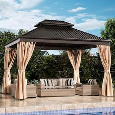 an outdoor gazebo with curtains over it next to a swimming pool and lounge chairs