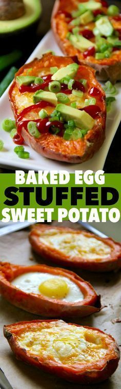 baked egg stuffed sweet potato with avocado on the side