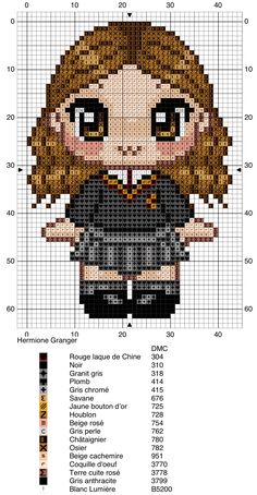 a cross stitch pattern for a girl with brown hair and black pants, wearing a black shirt