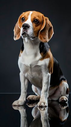 a brown and white dog sitting on top of a black table next to a mirror