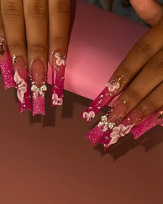 Pink And Flowers Nails, Pink Nails Acrylic Birthday, Cute Nails Acrylic Long Square, Pink Quince Nails Long, Pink Baddie Nail Designs, Blinged Nails Rhinestones, Hot Pink Quince Nails, All Pink Acrylic Nails, Hot Pink Baddie Nails