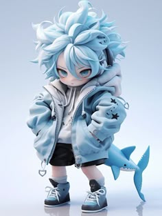 a doll with blue hair is standing next to a shark