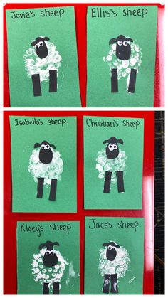 four pictures of sheep made out of paper with words on them and the names of each animal