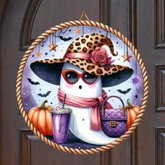 a painting of a snowman wearing a hat and holding a purple handbag in front of a door