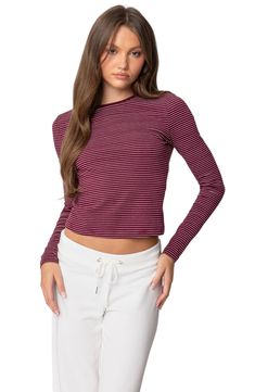 A staple you'll turn to time and again, this shrunken T-shirt layers well and looks great on its own. Crewneck Long sleeves 95% cotton, 5% spandex Machine wash, dry flat Imported Striped Long Sleeve Outfit, Cute Long Sleeve Tops, Fall Tops, Fall Blouse, Striped Long Sleeve Tee, Crop T Shirt, Tops Fall, Long Sleeve Crop, Low Iron