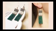 the earrings are green and white with black dots on them, while the other two pictures show