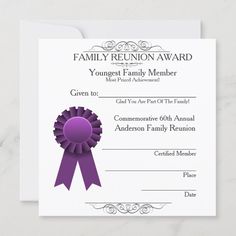 an award certificate with a purple ribbon on it and the words, family reunion award