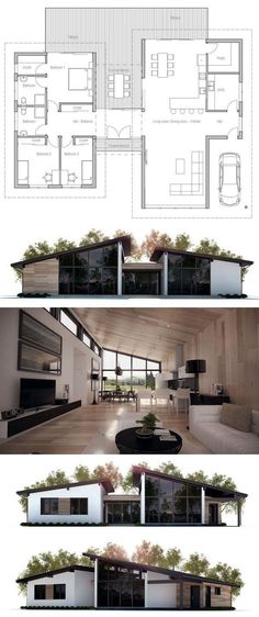 three different views of the inside and outside of a house, one with an open floor plan