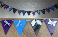 two pictures of paper buntings with flowers and butterflies hanging from the top one