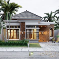 a small brick house with palm trees in the front yard and a bicycle parked on the sidewalk