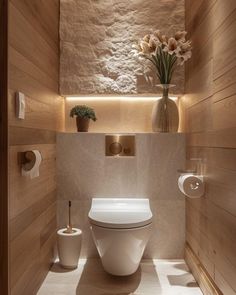 a white toilet sitting inside of a bathroom next to a wall mounted toilet paper dispenser