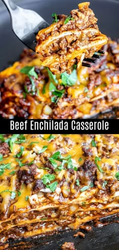 two images showing how to make beef enchilada casserole