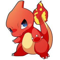 a red and yellow pokemon with big eyes sitting on top of it's back legs