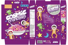 the packaging design for cosmic crunchies cereal