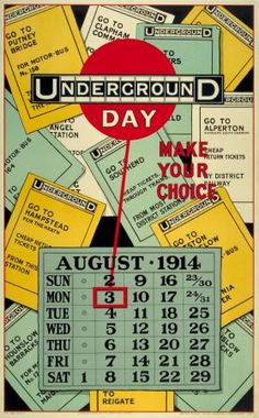 a poster with the words underground day written in red on it and lots of tickets scattered around