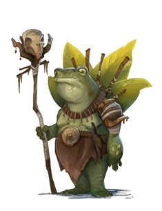 a cartoon frog holding a stick with leaves on it's back and wearing armor