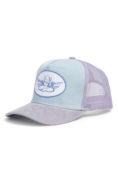 An embroidered logo fronts a soft corduroy trucker hat made with airy mesh panels at the back to help you keep your cool. Adjustable snapback strap 100% cotton with 100% polyester contrast Hand wash, dry flat Imported Cute Trucker Hats, Funny Hats, Cute Hats, Fabric Gift Bags, Mesh Panel, Fabric Gifts, Free Fabric, Keep Your Cool, Hat Making