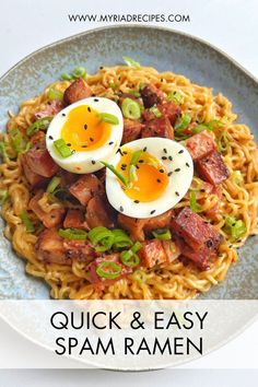 spam ramen with soft boiled egg on blue plate Egg In Ramen, Spam Ramen, Ramen With Egg, Egg In Ramen Noodles, Spam Recipes Dinners, Ramen Egg Recipe, Fried Spam, Spam Recipes, Ramen Recipe