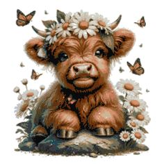 a cross stitch pattern of a brown cow with daisies on its head and butterflies in the background