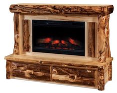 a log fireplace with logs on the sides and fire in the center, along with two drawers