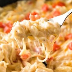 a spoon full of macaroni and cheese with tomatoes