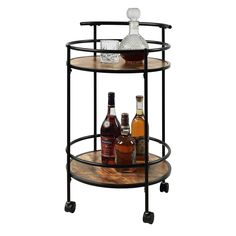 three tiered bar cart with bottles and glasses on the top, black metal frame