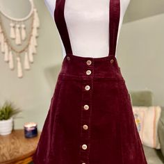 Baby Doll Style Overall Skirt Button Up Burgundy Criss Cross Button Cosure Straps Corduroy Fabric Skirt Length: 17" Waist: 30" Total Length (Including Straps): 33" Size: 30 Brand: Forever21 Retail Price: $19.90 Brand New With Tags Never Worn $16 Skirt Overalls Outfit, Corduroy Skirt Outfit, Green Skater Skirt, Red Skater Skirt, Skirt Overalls, Red Overalls, Floral Skater Skirt, Dungaree Skirt, Clothes Reference