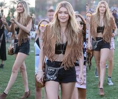 two pictures of a woman in short shorts and fringe jacket at a music festival with other people