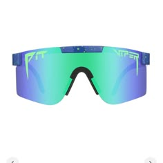 an image of a pair of sunglasses with blue and green mirrored lenses on the side