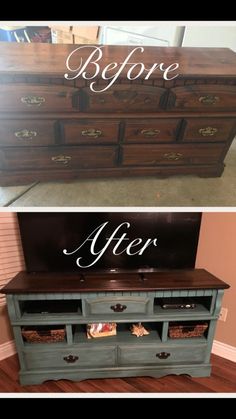 an old dresser is transformed into a tv stand with chalk paint and some wood trim