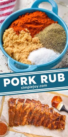 pork rub recipe with spices and seasonings in a blue bowl