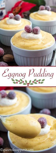 eggnog pudding with raspberries and whipped cream in white dishes on a table