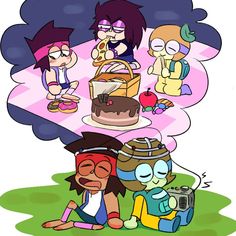 some cartoon characters sitting around a cake