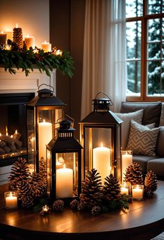 15 Unique Christmas Decor Ideas For Your Living Room Christmas Decor Lantern Ideas, Candle House Decor, Classy Traditional Christmas Decor, Christmas Tree Set Up In Living Room, Indoor Christmas Decorations Small House, Christmas Decor Ideas Cabin, Brown Christmas Decor Ideas, Winter Aesthetic Decor, Rustic Christmas Living Room Ideas