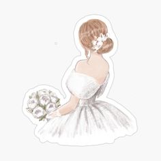 a drawing of a woman in a white dress holding flowers