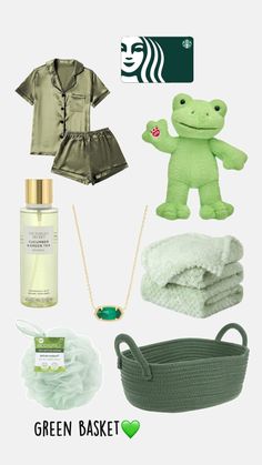 the contents of a green basket are shown in this image, including a teddy bear and other items