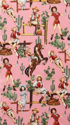 a pink background with various images of women in cowboy outfits and cacti on it