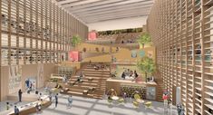 an artist's rendering of the interior of a library with people walking through it