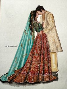 Couple illustration | #wedding #portrait #illustration #weddingday #affiliate Mehndi Couple Illustration, Wedding Couples Illustration, Indian Bridal Illustration, Indian Wedding Drawing, Indian Wedding Painting, Wedding Caricature Couple, Bridal Painting