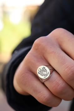 "Silver Crest Ring, Coat of Arms Signet Ring, Family Crest Rings, Family Crest Signet Ring, Custom Signet Ring, Personalized Seal Ring ❥You can send us your family logo or symbol and order your product. When we receive your order, we will send you a sketch of your logo and ask for your confirmation. After you confirm your logo, we will immediately start manufacturing your product. ☞ ☞ ☞ ITEM DESCRIPTION ☜ ☜ ☜ * Material : 925K Sterling Silver * Ring Face Size Options ; - Small Face Size : 14 x 1 Engraved Open Skull Ring As Gift, Engraved Open Skull Ring Gift, Engraved Skull Open Ring Gift, Unique Round Signet Ring For Anniversary, Handmade Sterling Silver Signet Ring For Promise, Unique Stamped Oval Ring, Handmade Sterling Silver Promise Signet Ring, Unique Anniversary Rings With Engraving Option, Hallmarked Skull Ring Gift