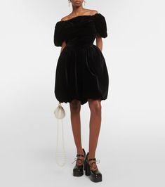 Off-shoulder velvet mini dress in black - Simone Rocha | Mytheresa Chic Velvet Midi Dress, Chic Formal Velvet Mini Dress, Chic Velvet Mini Dress For Formal Occasions, Elegant Velvet Mini Dress, Velvet Mini Dress For Evening, Mini Length Velvet Dress For Evening, Chic Velvet Cocktail Dresses, Chic Knee-length Velvet Evening Dress, Velvet Mini Evening Dress