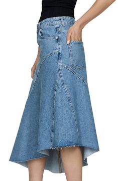 An asymmetric raw hem lends a modern spin to this stylishly seamed midi skirt made from nonstretch denim. Zip fly with button closure Front scoop pockets; back patch pockets 100% cotton Machine wash, line dry Made in Turkey Recycled Denim, Denim Midi Skirt, Back Patch, Medium Blue, Denim Skirt, Midi Skirt, Mango, Nordstrom, Skirt