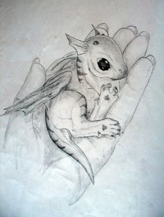 a pencil drawing of a baby dragon in its mother's arms