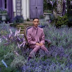 a man in a purple suit sitting on a bench surrounded by lavender flowers and bushes