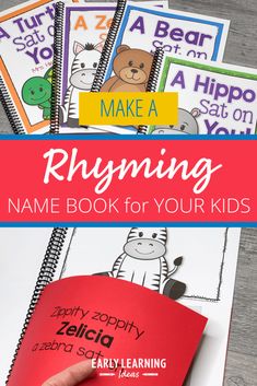 a hand holding a red book with the title, rhyming name book for your kids