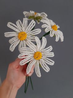 a hand holding three white flowers with yellow centers on each flower head and the petals have been beaded together