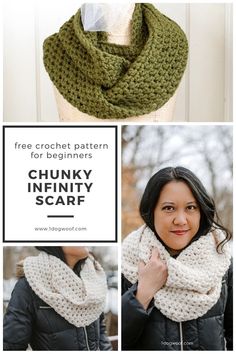 a woman wearing a green crochet scarf with text overlay that says free crochet pattern for beginners chunk infinity scarf