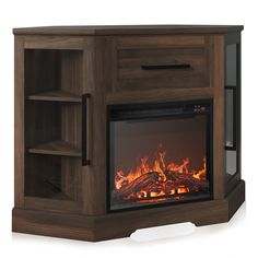 an entertainment center with a fire place and shelving unit on the side, in dark wood