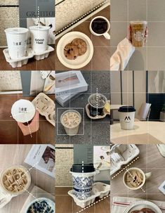 coffee cups, cookies and other items are arranged in the same collage on top of each other